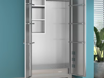 Open Metal Wardrobe With Multiple Shelves Drawer Blue Wall And Plant 3d model