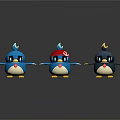 Cute Cartoon Bird Figurines With Blue Red Hat And Black Designs On Shiny Surface