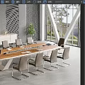 Modern Meeting Table Wooden Top Metal Frame With Gray Chairs Cabinet Large Windows Green Plant