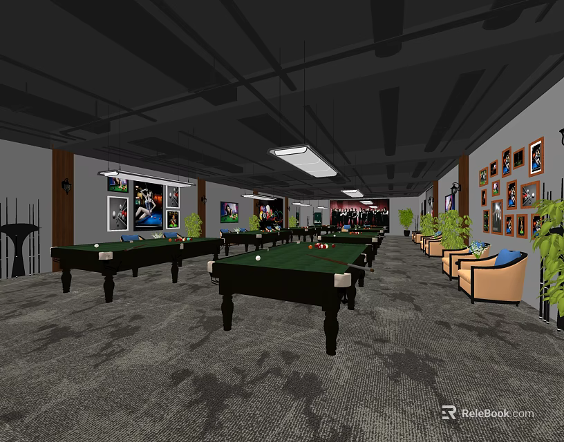 Billiard Room Interior Design With Multiple Green Tables Comfortable Sofas And Decorative Paintings 3d model