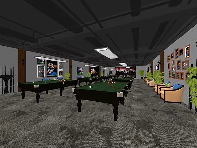 Billiard Room Interior Design With Multiple Green Tables Comfortable Sofas And Decorative Paintings 3d model