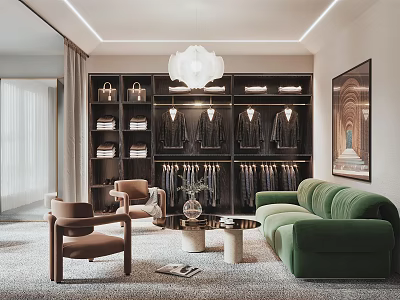 Luxurious Walk in Closet Interior Design With Hanging Garments Cabinets And Elegant Lighting 3d model