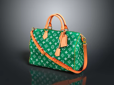 Stylish Green Fashion Bag With Orange Handles Shoulder Strap And White Patterns 3d model