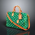 Stylish Green Fashion Bag With Orange Handles Shoulder Strap And White Patterns