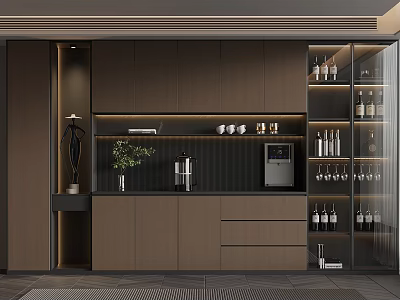 Modern Kitchen Storage Area With Dark Cabinets Glass Door Wine Shelves And Coffee Maker 3d model