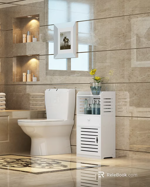 Bathroom Decorative Cabinet With Vase Flowers Toiletries And Marble Wall 3d model 