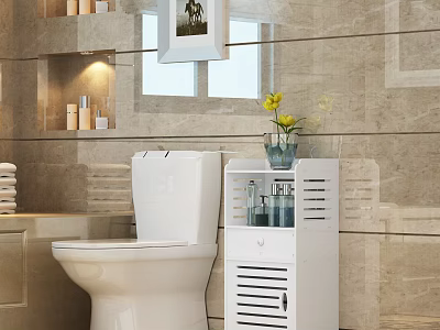 Bathroom Decorative Cabinet With Vase Flowers Toiletries And Marble Wall 3d model