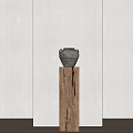 Decorative Vase Ornament Set Placed On Wooden Pillar Against Light Colored Wall