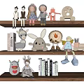 Adorable Stuffed Dolls on Wooden Shelves with Books and Animal Designs