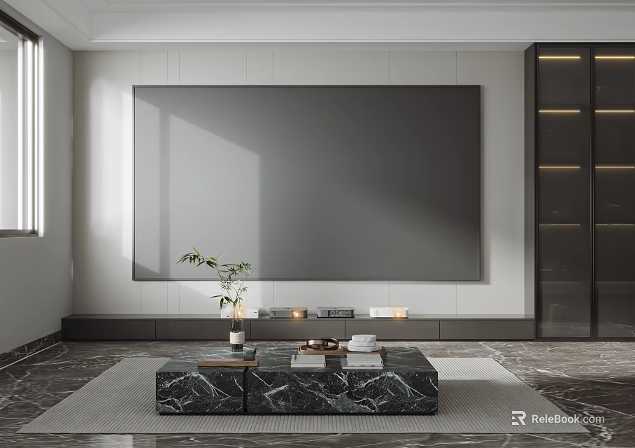 Projection Monitoring System In Modern Living Room With Large Screen Setup 3d model 