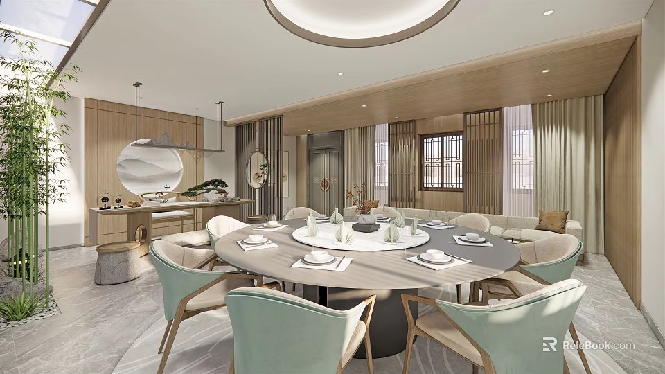 Elegant Private Dining Room With Round Table Light Green Chairs And Wooden Decor 3d model