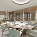 Elegant Private Dining Room With Round Table Light Green Chairs And Wooden Decor 3d model