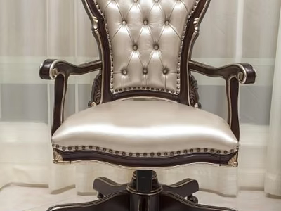 Luxury Office Chair With Tufted Backrest Dark Wooden Armrests And Silver Upholstery 3d model