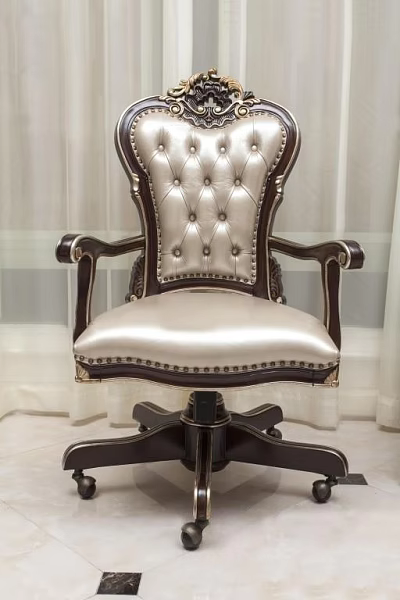 Luxury Office Chair With Tufted Backrest Dark Wooden Armrests And Silver Upholstery 3d model