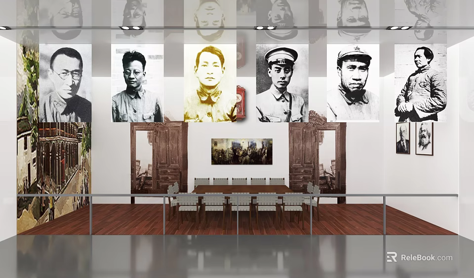 Historical Exhibition Hall Interior Featuring Portrait Paintings Figures Long Table And Chairs 3d model 