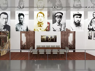 Historical Exhibition Hall Interior Featuring Portrait Paintings Figures Long Table And Chairs 3d model