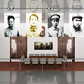 Historical Exhibition Hall Interior Featuring Portrait Paintings Figures Long Table And Chairs