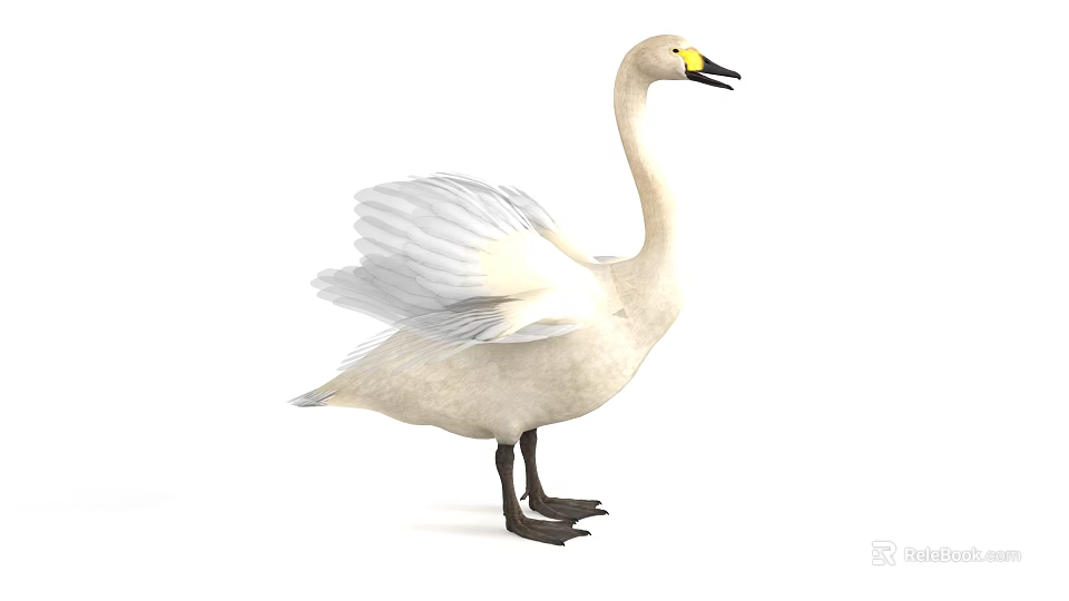 White Swan with Spread Wings Yellow Eyes Black Beak and Legs 3d model 