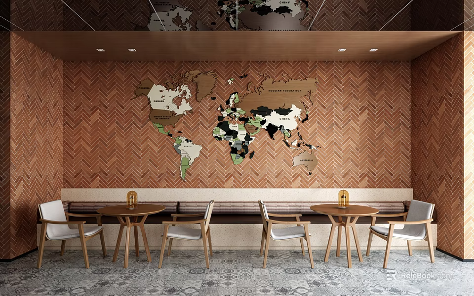 Modern Café Interior with World Map Wall Decor Wooden Tables Chairs and Striped Walls 3d model 