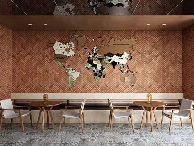 Modern Café Interior with World Map Wall Decor Wooden Tables Chairs and Striped Walls 3d model