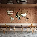 Modern Café Interior with World Map Wall Decor Wooden Tables Chairs and Striped Walls
