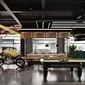 Harley Davidson Bar Interior With Motorcycle On Circular Platform Pool Table And Merchandise Shelves