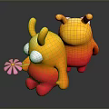 Two Yellow Red Gradient Cartoon Creatures With Antennae One Holding Pink Flower On Dark Background