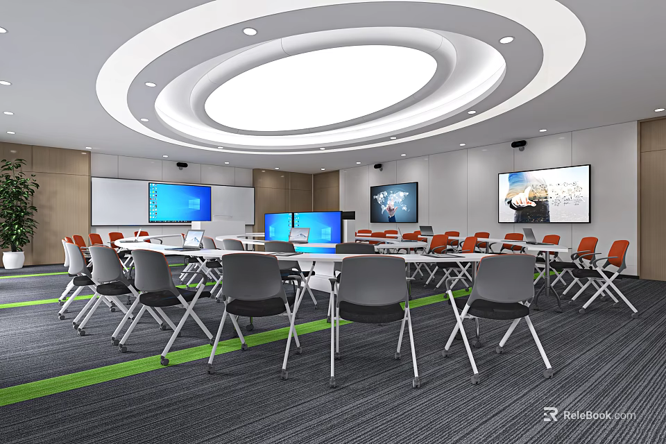 Modern School Classroom With Desks Chairs Large Screens And Circular Ceiling Design 3d model 