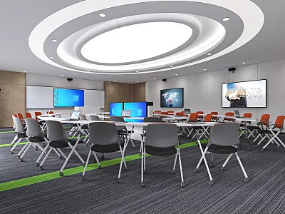 Modern School Classroom With Desks Chairs Large Screens And Circular Ceiling Design 3d model