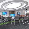 Modern School Classroom With Desks Chairs Large Screens And Circular Ceiling Design