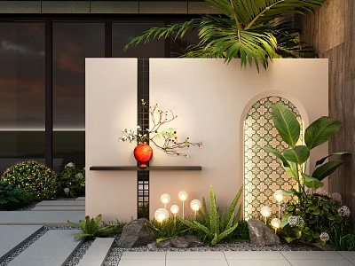 Modern Garden Landscape With White Feature Wall Red Vase Branches Green Plants And Palm Leaves 3d model
