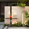 Modern Garden Landscape With White Feature Wall Red Vase Branches Green Plants And Palm Leaves