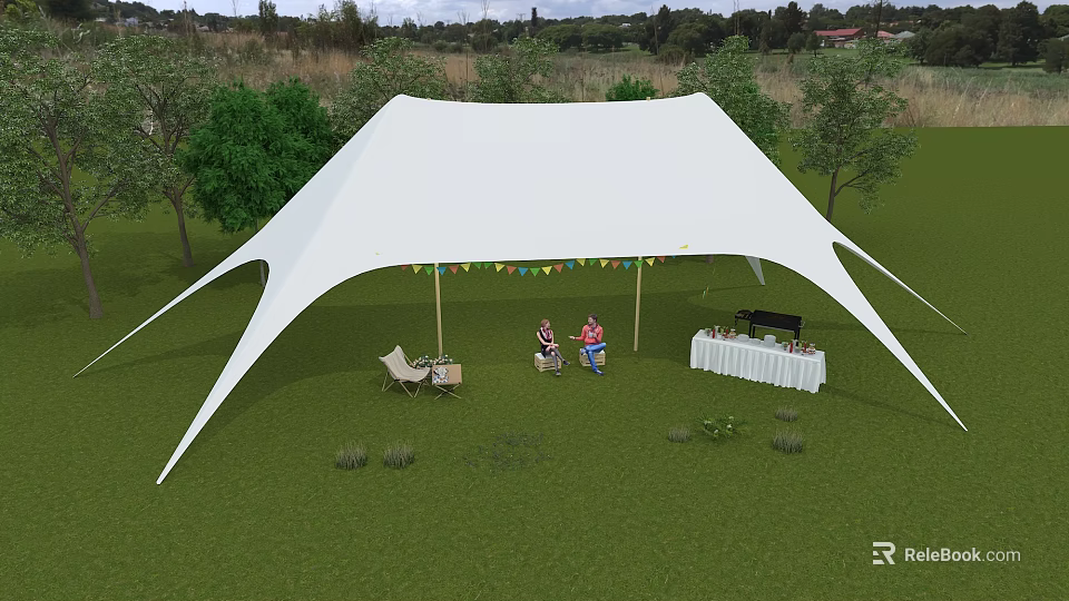 Garden Landscape With White Tent Green Grass Trees And Outdoor Table Setup 3d model 
