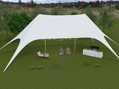 Garden Landscape With White Tent Green Grass Trees And Outdoor Table Setup 3d model