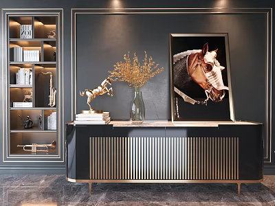 Black And Gold Striped TV Cabinet Decorated With Dried Flowers Horse Figurine And Books 3d model