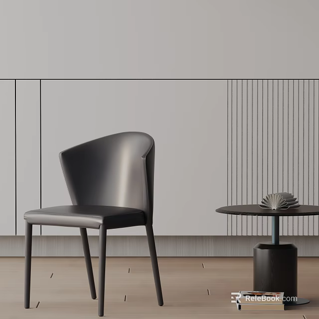 Modern Black Leather Accent Chair With Side Table Decorative Items Minimalist Wall Wooden Floor 3d model 