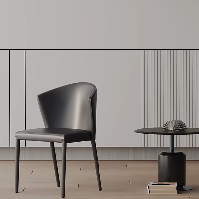 Modern Black Leather Accent Chair With Side Table Decorative Items Minimalist Wall Wooden Floor 3d model