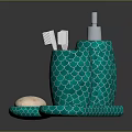 Modern Bathroom Interior With Green Fish Scale Pattern Accessories Soap Dispenser Toothbrush Holder And Tray
