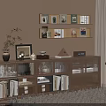 Modern Wooden Bookshelf Storage System In Interior With Glass Doors And Decorative Items
