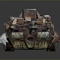 Rusty Armored Vehicle With Worn Tires Stacked Scrap Parts And Post Apocalyptic Design