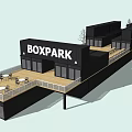 BOX PARK Modern Container Structure With Balcony White Railings And Numbered Doors