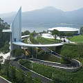Modern Circular Building with Glass Curtain Walls Natural Surroundings Water Pond and Trees