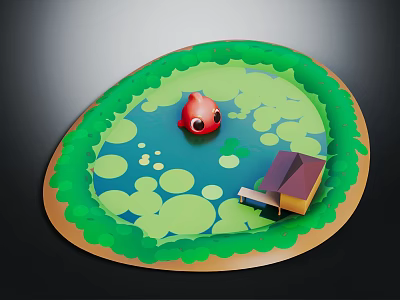 Natural Pond Scene With Green Lily Pads Red Frog And Small Wooden Cabin 3d model
