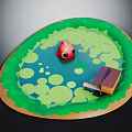 Natural Pond Scene With Green Lily Pads Red Frog And Small Wooden Cabin