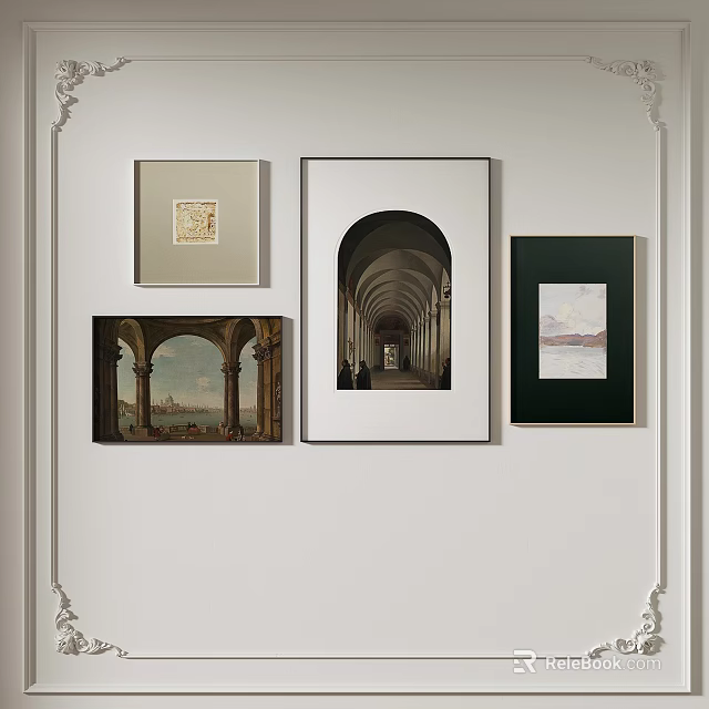 Diverse Wall Art Collection Featuring Arch Architecture And Landscape Paintings With Various Frames 3d model