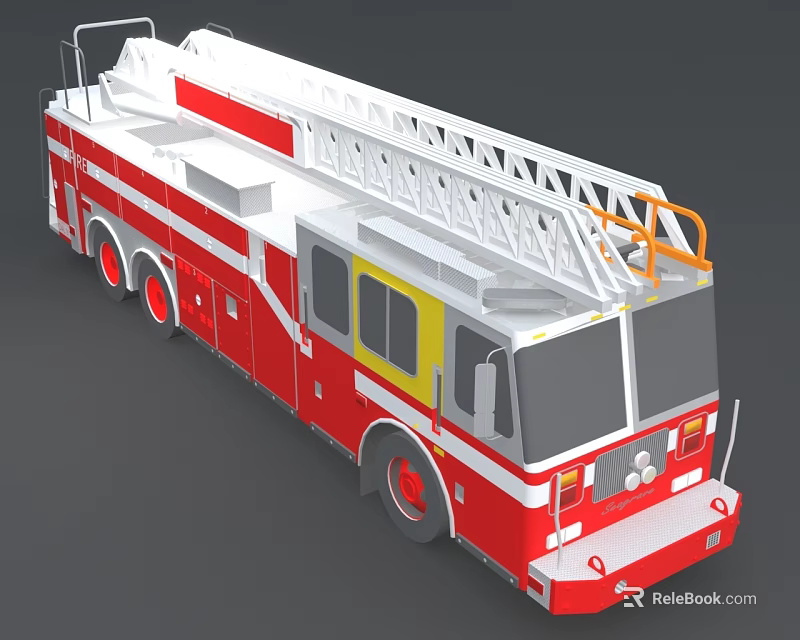 Red and White Fire Truck with Extended Ladder for Emergency Rescue Operations 3d model 