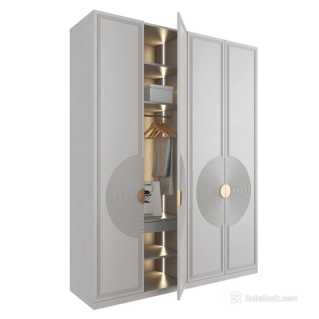 Modern Light Gray Storage Cabinet with Circular Patterns Golden Handles Shelves and Clothes Rack 3d model 