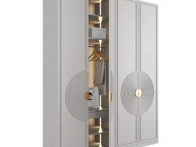 Modern Light Gray Storage Cabinet with Circular Patterns Golden Handles Shelves and Clothes Rack 3d model
