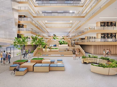 Modern Book Art Library Interior Design With Multi Floor Staircase Green Plants And Seating Areas 3d model