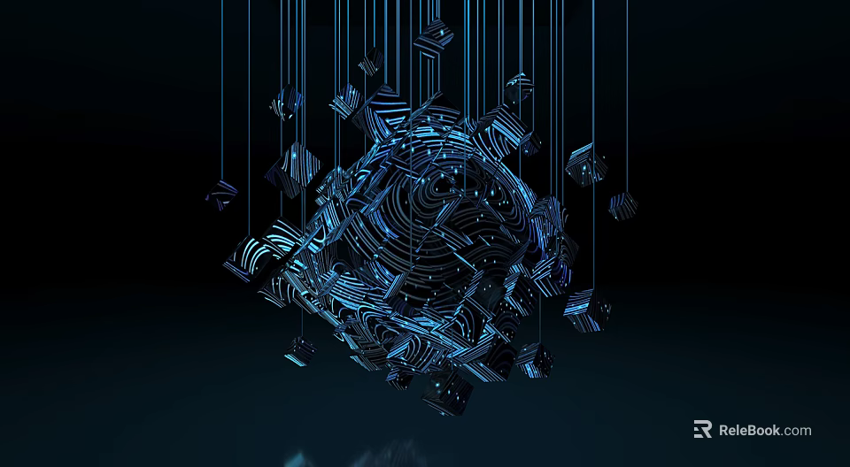 Futuristic Geometric Pendant with Blue Lines Spherical Structure Hanging Small Cubes Dark Background Glowing Effect 3d model 